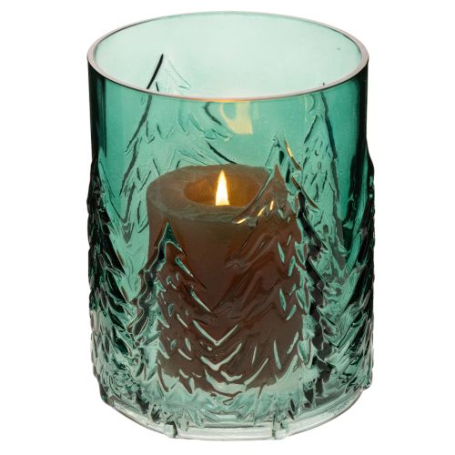 Glass tealight holder with fir trees in relief, Christmas decoration, 16cm | Floristik24.ie