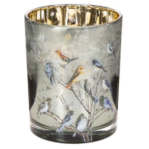 Candle holder with birds, winter design, glossy, 12cm