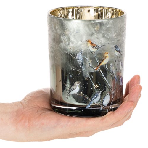 Candle holder with birds, winter design, glossy, 12cm | Floristik24.ie