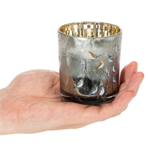 Glass tealight holder with bird and snowflake motif, 8cm, 2 pieces | Floristik24.ie