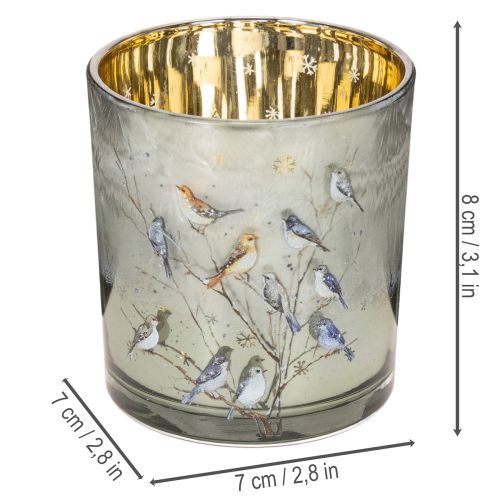 Glass tealight holder with bird and snowflake motif, 8cm, 2 pieces | Floristik24.ie