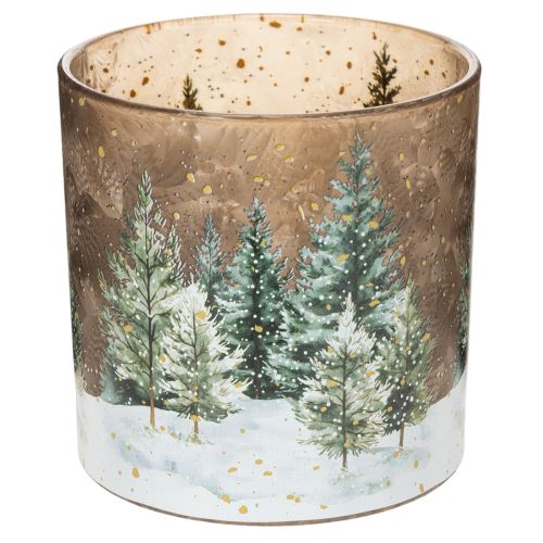 Glass tealight holder with fir forest design, winter decoration, 15cm