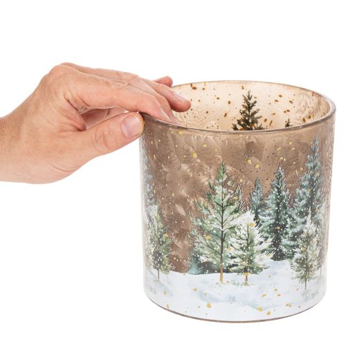 Glass tealight holder with fir forest design, winter decoration, 15cm | Floristik24.ie