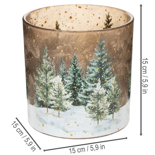 Glass tealight holder with fir forest design, winter decoration, 15cm | Floristik24.ie