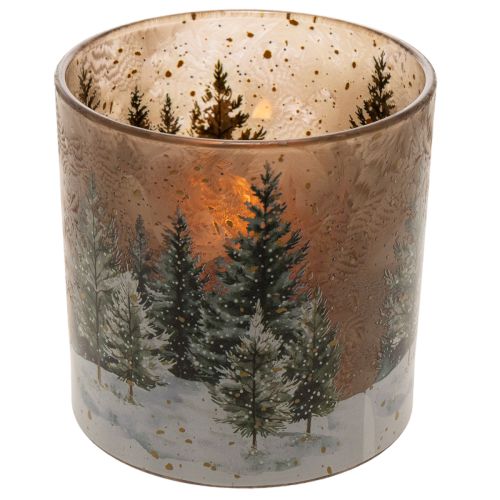 Glass tealight holder with fir forest design, winter decoration, 15cm | Floristik24.ie