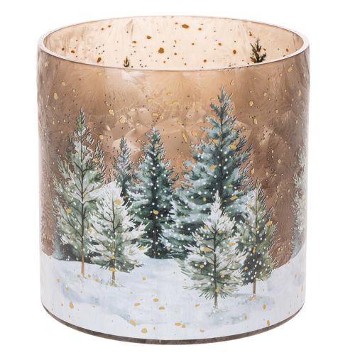 Glass tealight holder with winter forest in snow, Christmas decoration, 20cm buy online | Floristik24.ie