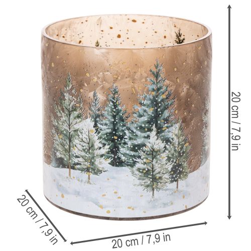 Glass tealight holder with winter forest in snow, Christmas decoration, 20cm | Floristik24.ie