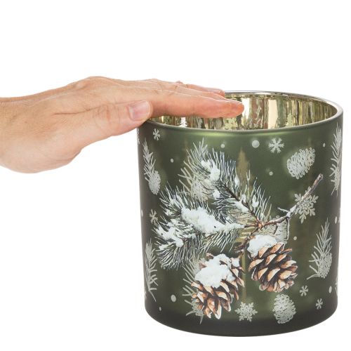 Glass tealight holder with pine cones and snowflakes, 15cm | Floristik24.ie