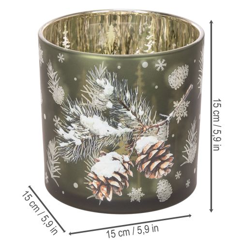 Glass tealight holder with pine cones and snowflakes, 15cm | Floristik24.ie