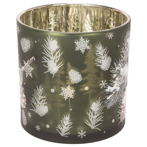 Glass tealight holder with pine cones and snowflakes, 15cm | Floristik24.ie