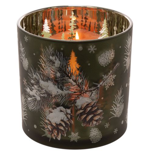 Glass tealight holder with pine cones and snowflakes, 15cm | Floristik24.ie