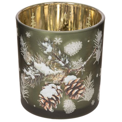 Glass tealight holder with winter fir branch, 8cm, 2 pieces