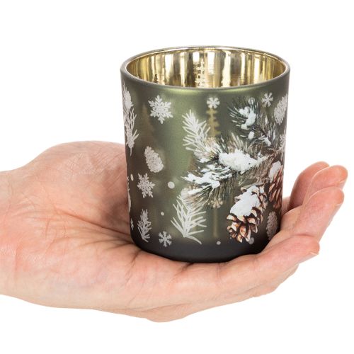 Glass tealight holder with winter fir branch, 8cm, 2 pieces | Floristik24.ie