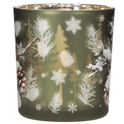 Glass tealight holder with winter fir branch, 8cm, 2 pieces | Floristik24.ie