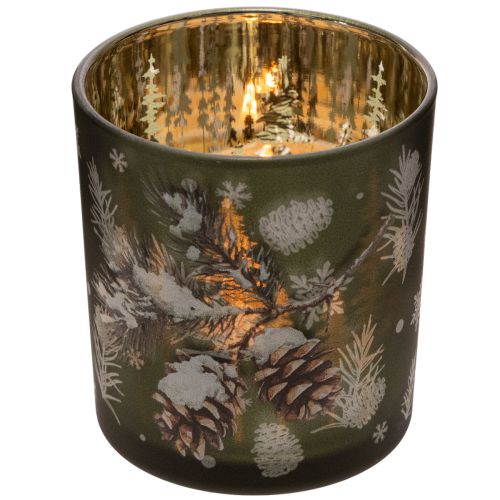 Glass tealight holder with winter fir branch, 8cm, 2 pieces | Floristik24.ie