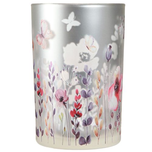 Product Lantern made of glass poppy butterfly silver color H18cm