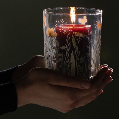 Product Decorative glass lantern with butterfly meadow motif for stylish home accents, 18cm, 2 pieces