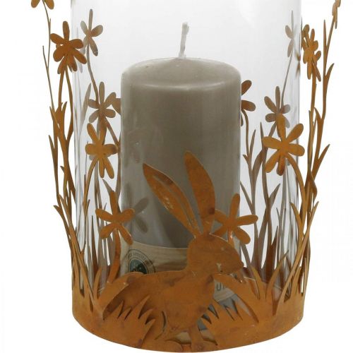 Product Lantern with rabbits, spring decoration, metal decoration with flowers, Easter patina Ø11.5cm H18cm