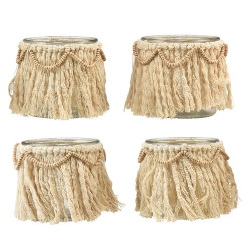Floristik24 Lantern glass fringes macrame cream boho Ø9.5cm 4pcs
