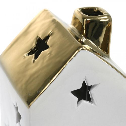 Floristik24 Lantern house ceramic light house for tealight white, gold 10cm 3pcs