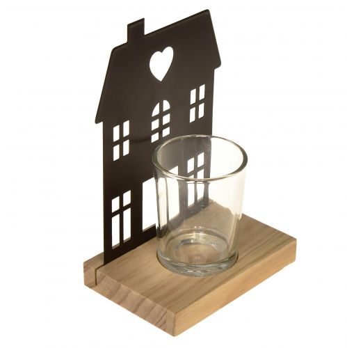 Product Lantern House Metal Black with Wooden Base H15cm 2pcs