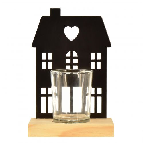 Product Lantern House Metal Black with Wooden Base H15cm 2pcs