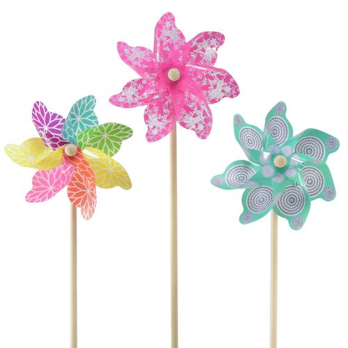 Floristik24 Windmill pink turquoise colorful summer decoration Ø15cm H48cm 3pcs