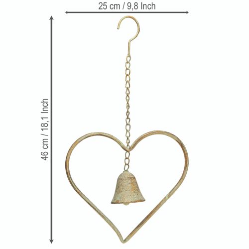 Floristik24 Wind chime metal heart with bell antique green gold rust 46cm