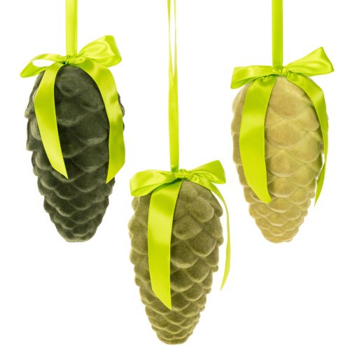 Decorative pine cones for hanging, flocked pine cones with ribbon and bow, 18cm, 3 pieces buy online | Floristik24.ie