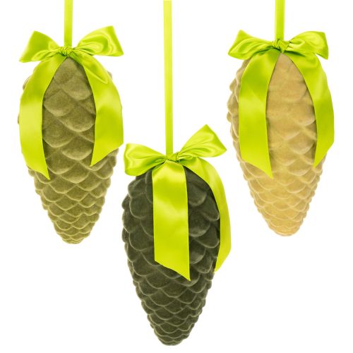 Artificial pine cone pendants with gift ribbon and bow, 23cm, 3 pieces
