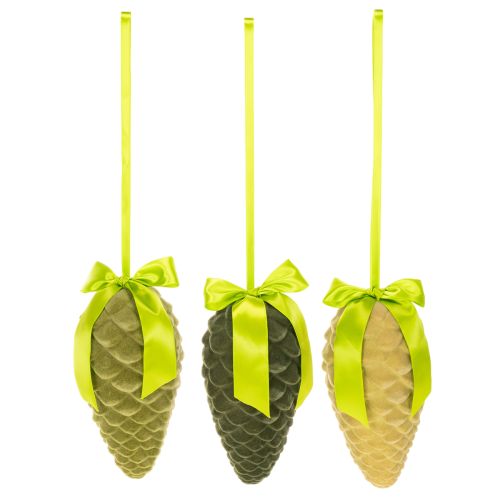 Artificial pine cone pendants with gift ribbon and bow, 23cm, 3 pieces | Floristik24.ie