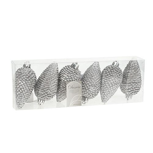 Floristik24 Cones for hanging plastic, mica 9.5cm silver 6pcs