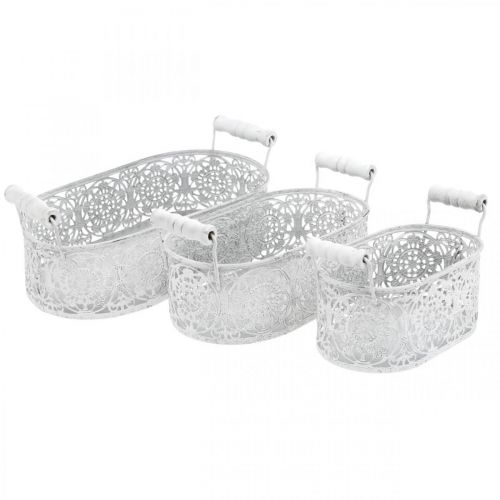 Product Bowls for planting, decorative pot with lace decor, metal vessel with handles, oval white, silver Shabby Chic L25.5 / 20 / 15cm H7cm set of 3