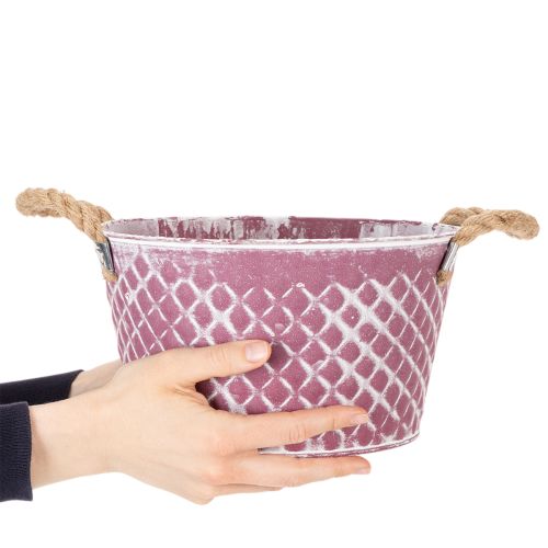 Zinc bowl, diamond shape with rope handles, violet/white washed, Ø24.5cm H14cm | Floristik24.ie