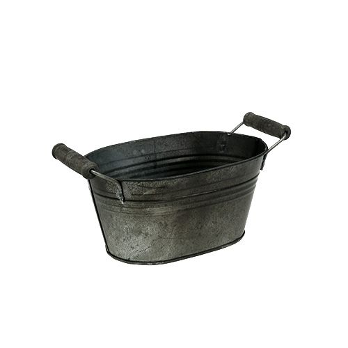 Zinc bowl oval antique with wooden handles 18cm x 10cm