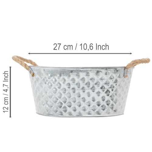 Oval zinc bowl with rope handles, 27cm x 17.5cm, H12cm | Floristik24.ie