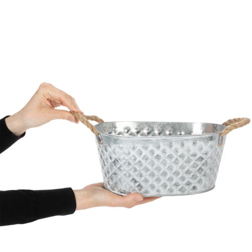 Oval zinc bowl with rope handles, 27cm x 17.5cm, H12cm | Floristik24.ie