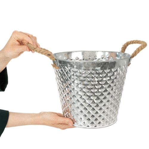 Zinc pot, diamond shape, with rope handles, whitewashed, Ø24.5cm H21cm | Floristik24.ie