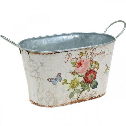 Vintage flower tub, metal pot with handles, planter with roses L18cm H10.5cm
