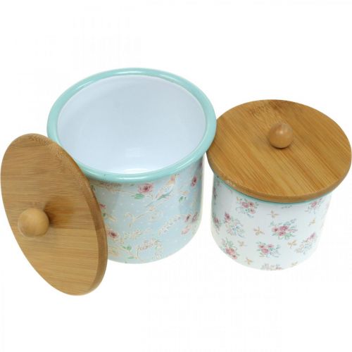 Product Enamel box with lid wood flower pattern H10/12cm set of 2