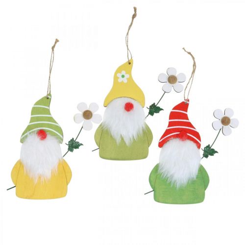 Product Spring decoration gnome to hang up wooden dwarf with flower H17cm 6pcs