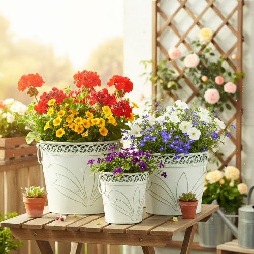 Embossed metal planter with handles, white and green, shabby chic style, H22/19.5/17.5cm, Ø25.5/20.5/15.5cm, set of 3 | Floristik24.ie