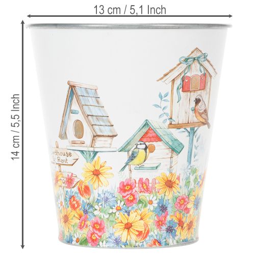 Tin pot with birdhouses, summer decoration, planter H14.5cm Ø13.5cm | Floristik24.ie