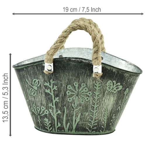 Flower pot with handles, bag, metal, jute, 19×13.5×13.5cm | Floristik24.ie