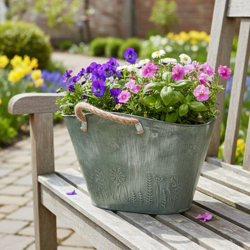 Flower pot with handles, bag, metal, jute, 24.5×17×15.5cm | Floristik24.ie