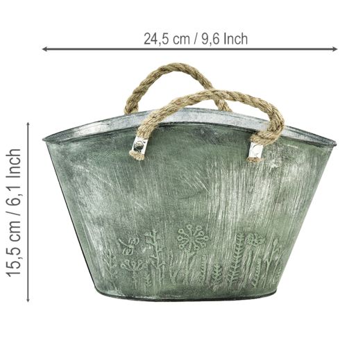 Flower pot with handles, bag, metal, jute, 24.5×17×15.5cm | Floristik24.ie