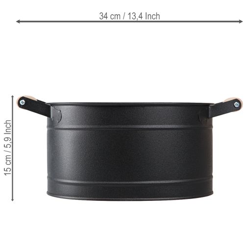 Product Metal oval flower pot with handle, black and natural finish, 34x19.5x15cm