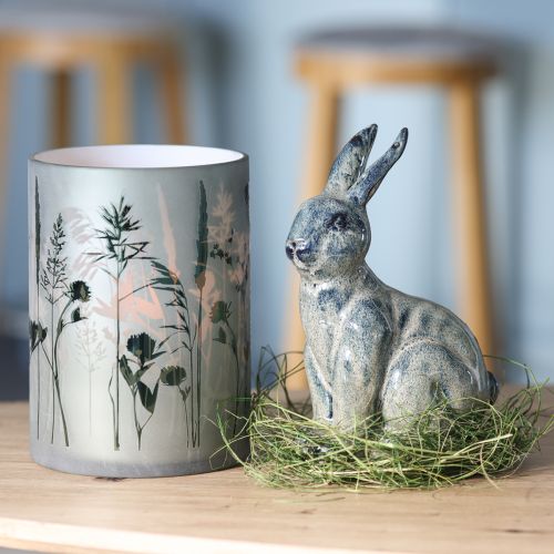 Product Decorative Glass Lantern Green White Motif Meadow H12.5cm 2 Pcs