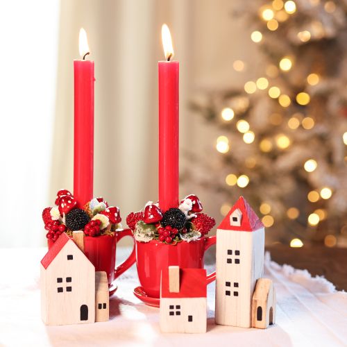 Decorative wooden house set, red and white, multi-piece winter decoration, 13cm, 6 pieces | Floristik24.ie