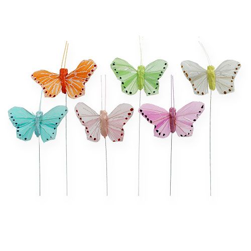 Feather butterflies on wire colored 5.5cm 24 pcs